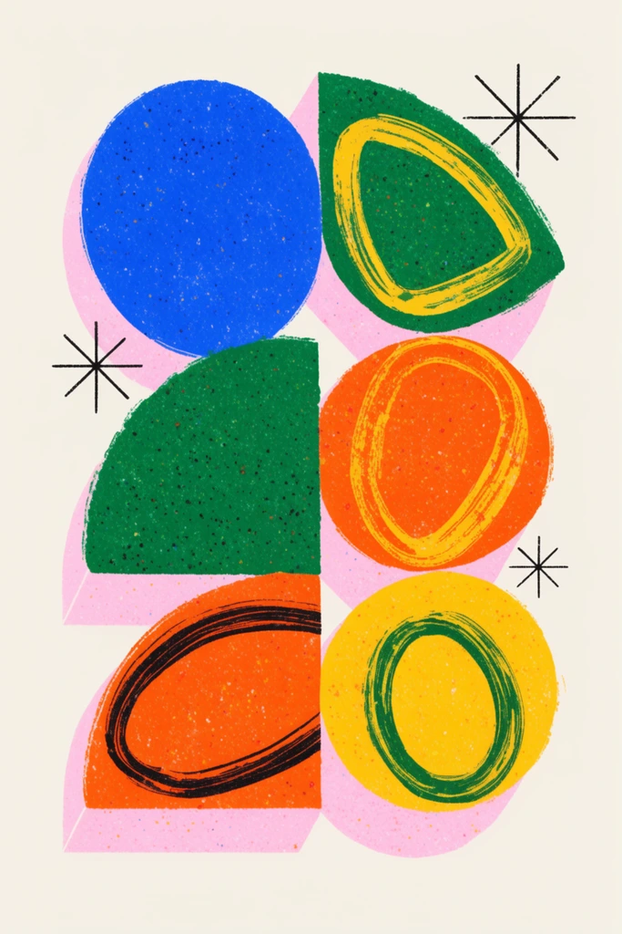 Grainy abstract risograph composition featuring circles and semicircles in vibrant blue, green, orange, and yellow on a cream background. The shapes display stippled speckles, brushstrokes, and looping lines, backed by light pink isometric extrusions and accented by minimal black starbursts.