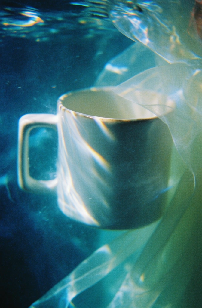 cinematic underwater shot of a minimalist mug with a sharp square handle, submerged in deep shimmering cerulean water, ethereal and hazy dreamlike aesthetic, soft focus with motion blur, translucent fluid ripples and ethereal fabric-like trails, cool teal and moody navy tones, caustic light reflections dancing on ceramic surfaces, heavy film grain, analog film quality, abstract composition with refractive water distortions, 35mm film texture, moody atmospheric lighting.