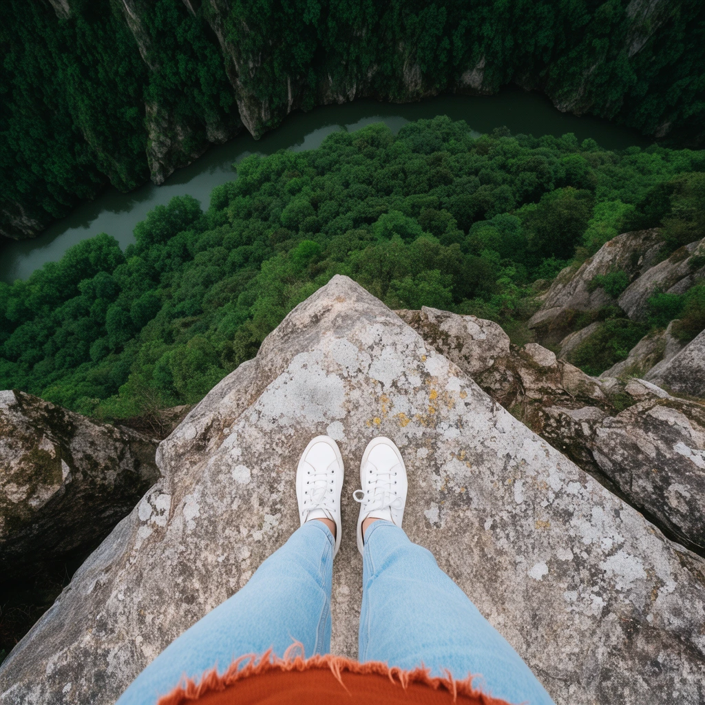 first-person perspective looking down from a sheer rocky cliff edge, dizzying height, textured gray stone with lichen, white lace-up sneakers standing near the precipice, light blue denim jeans, frayed rust-orange fabric hem, steep drop into a lush green forest canopy, deep valley below, dark green river winding through the forested gorge, natural outdoor lighting, wide-angle lens photography