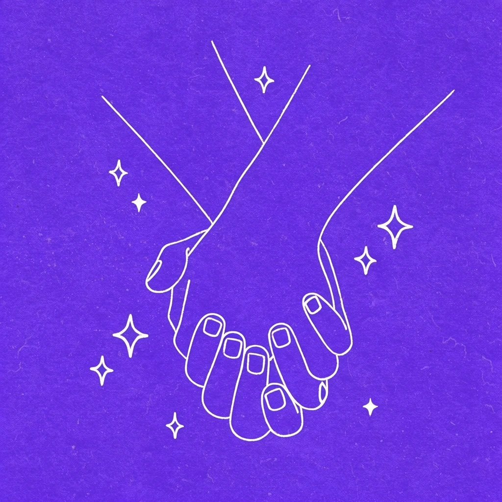 two hands firmly gripping each other by the wrists, delicate white contour line art illustration, solid vibrant purple background, heavy vintage distressed paper texture, risograph print aesthetic, scattered retro four-point star sparkles, minimal flat graphic design, monochromatic purple and white palette