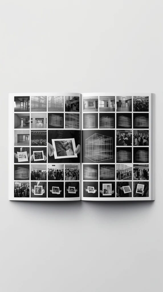 An open publication rests flat on a seamless pale grey surface, casting a soft drop shadow. The two-page spread displays a dense, asymmetrical grid of black-and-white photographs framed by thin white borders. The images depict architectural interiors, wireframe structures, public gatherings, and close-ups of hands holding prints. Several larger photos cross the central gutter, breaking the tight contact-sheet arrangement. The overhead flat-lay composition highlights crisp monochrome contrast and soft, even lighting.