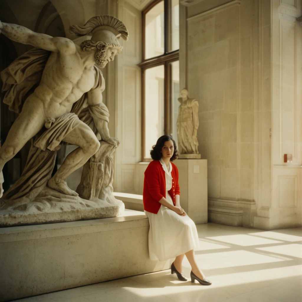 woman sitting on a stone ledge in a grand museum, bright red cardigan over a white dress, dark wavy hair, massive classical marble statue of a lunging warrior in left foreground, cream-colored stone architecture, background window, smaller marble statue on a pedestal, warm sunlight streaming from the right, strong geometric shadows on the floor, vintage cinematic film photography, muted beige palette contrasting with vibrant red, wide shot