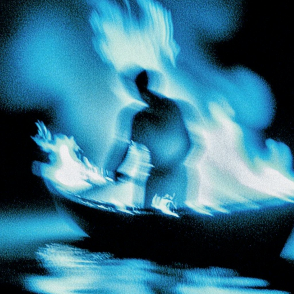 abstracted silhouette of a man in a burning boat on a vast body of water, intense stochastic noise and coarse digital dither, monochromatic palette of phosphorescent cyan and obsidian, extreme motion blur with directional smearing, high-contrast blooming highlights where the flames lick upward, soft-focus dreamlike distortion, lo-fi ethereal aesthetic, crushed blacks, obfuscated detail, reminiscent of a corrupted long-exposure night shot, spectral light trails, visceral grainy texture.