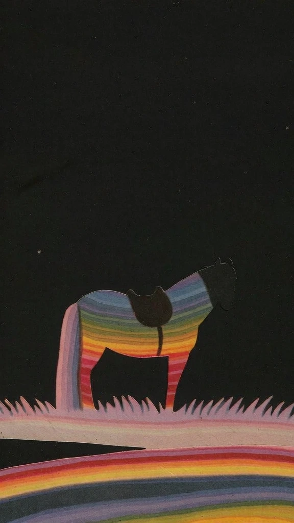 minimalist paper collage of a single saddled pony standing in a flat field of grass, 1970s psychedelic folk art aesthetic, deep matte black background with fine white analog grain and dust motes, tactile paper texture, vintage lithographic printing quality, flat graphic composition, saturated but aged ink colors, sharp cutout silhouettes with visible edges, simplified geometric forms, high-contrast surreal atmosphere, matte finish with subtle ink bleed