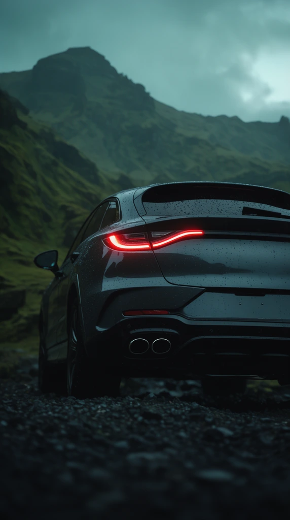 Rear view of a dark grey luxury SUV on rugged terrain, captured from a low cinematic angle. Water droplets cover the glossy paint, contrasting with brightly glowing red taillights that feature a swooping curve. Dual exhaust pipes sit above a blurred, dark gravel foreground. The background features dramatic, moss-draped mountains rising under a moody, overcast sky. The image uses cool greenish-blue color grading and shallow depth of field, emphasizing the sleek vehicle against the atmospheric landscape.