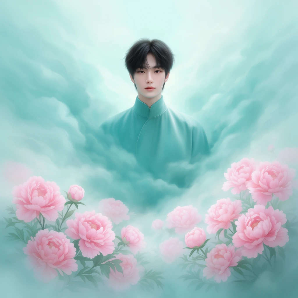 A dreamy digital illustration of a young man with dark hair and a calm expression emerging from swirling teal clouds. He wears a high-collared teal garment. Lush pink peony flowers bloom in the misty foreground below him. The ethereal artwork features smooth gradients, a pastel aqua and pink palette, and a symmetrical composition.