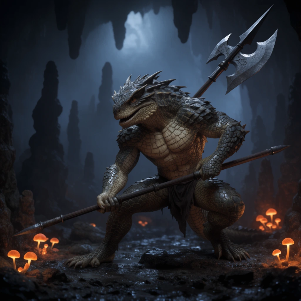 muscular humanoid lizard warrior in a low crouching martial arts stance, thick spiked scales, wielding a long iron halberd, dark misty subterranean cavern, wet rocky ground, scattered glowing orange fungi, silhouetted stalagmites in the background, cinematic low-key lighting, cool blue ambient moonlight, warm orange ground illumination, hyper-realistic 3D render, shallow depth of field