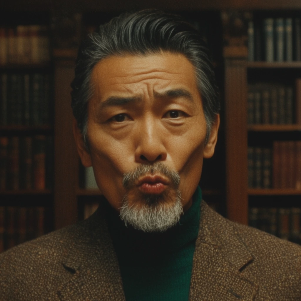 A cinematic close-up of an older East Asian man with a salt-and-pepper goatee and slicked-back hair, staring directly forward with a pursed, skeptical expression. He wears a dark green turtleneck under a brown tweed blazer. Warm directional lighting highlights his angular facial contours. The background is a softly blurred, dimly lit library with dark oak bookshelves. The composition features a vintage 35mm film grain aesthetic and shallow depth of field.