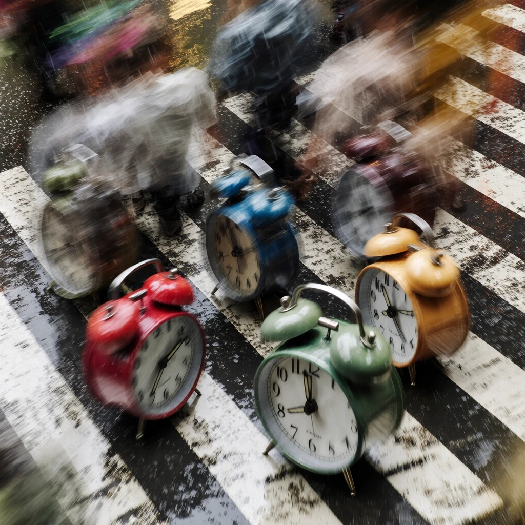high-angle top-down view, heavy long exposure motion blur, three vibrant alarm clocks on a high-contrast black and white striped surface, impressionistic urban style, kinetic energy, pops of primary color against a monochromatic background, gritty texture, streaking light and form, busy composition, cinematic motion, blurred silhouettes of mechanical hands and bells, rainy reflections on a dark surface, dynamic and fleeting aesthetic, moody lighting, slow shutter speed effect.