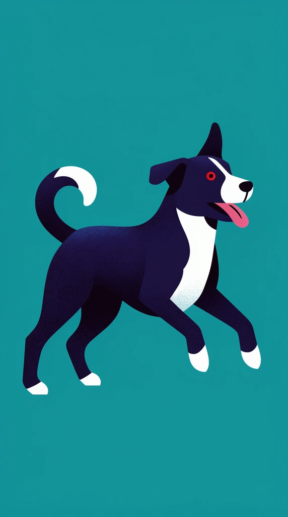 A stylized illustration of a prancing dark navy dog against a solid teal background. The dog features a white chest, snout, and paws, a curled white-tipped tail, a red eye, and a hanging pink tongue. The flat color blocking is textured with fine stippled grain shading.
