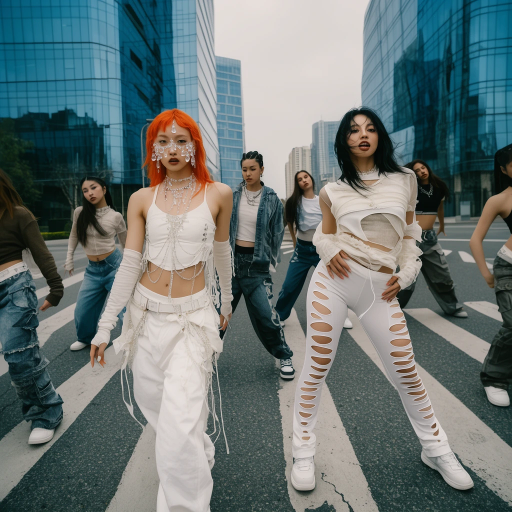 Dancers on a city crosswalk, two foreground women in avant-garde white outfits, left dancer with orange hair and crystal face jewelry, right dancer wearing cutout leggings and layered top, backup dancers in casual streetwear, modern architecture with blue glass buildings, zebra crossing, overcast daylight, cinematic wide shot, edgy streetwear aesthetic