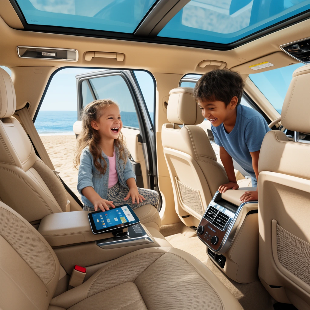 Two laughing children interact inside a luxury SUV featuring beige leather seats and a panoramic sunroof. A girl touches a seat-mounted tablet while a boy leans over the center console. Open doors reveal a sunny sandy beach and blue ocean in this wide-angle, brightly lit commercial photograph.