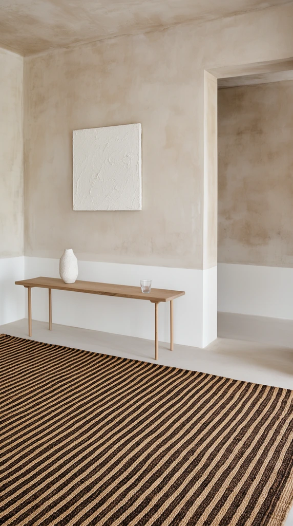 A minimalist interior dominated by a large woven rug with alternating diagonal dark brown and tan stripes filling the foreground. Behind the rug sits a slender wooden bench with delicate cylindrical legs, holding a textured white vase and a clear glass. The backdrop features wabi-sabi plaster walls divided horizontally into a crisp white lower band and a mottled beige upper section. A square, heavily textured white canvas hangs on the wall above the bench. To the right, an open doorway reveals a continuation of the dual-tone interior. Soft, diffused natural light emphasizes the organic materials, clean architectural lines, and earthy neutral color palette.