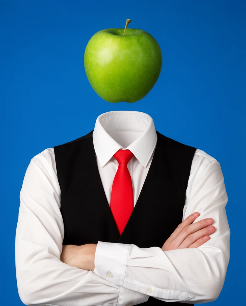 A surreal studio portrait of a headless figure against a flat blue background. A giant green apple floats directly above the collar. The figure has crossed arms and wears a crisp white shirt, black vest, and bright red tie. Bright even lighting and sharp focus.