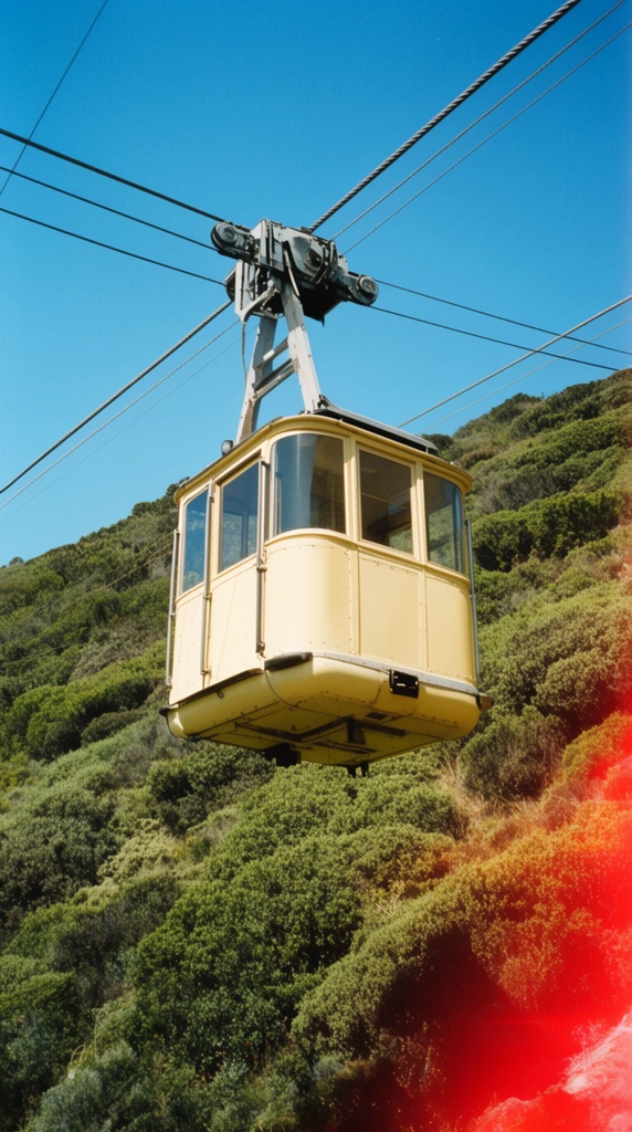 vintage pale yellow cable car suspended on thick diagonal steel wires, steep hillside densely covered in lush green shrubs, clear vivid blue sky, low angle perspective, bright midday sunlight, retro analog photography aesthetic, distinctive red light leak flare in the bottom right corner