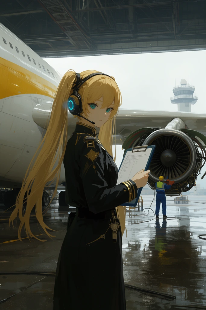 A female anime character with long blonde twin-tails stands on wet, reflective tarmac inside a massive industrial hangar. Wearing a dark uniform with gold trim and a glowing headset, she holds a clipboard beside a giant white and yellow cargo plane. A ground worker services the aircraft's exposed turbine engine nearby. The open hangar frames a distant control tower under an overcast sky. Cinematic digital painting with diffused atmospheric lighting and striking depth of field.