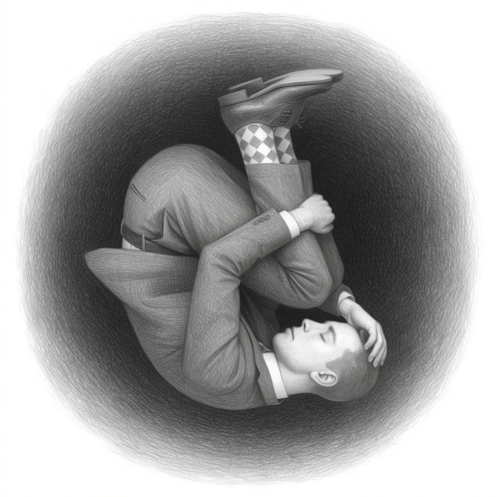 man in a suit floating upside down in a tight fetal position, eyes closed, calm expression, one arm wrapping around tucked legs, other hand resting on his forehead, wearing trousers, belt, diamond-patterned socks, dress shoes, suspended within a heavily shaded dark circular vignette fading into a stark white background, graphite pencil drawing, monochromatic, dense cross-hatching texture, surreal conceptual illustration