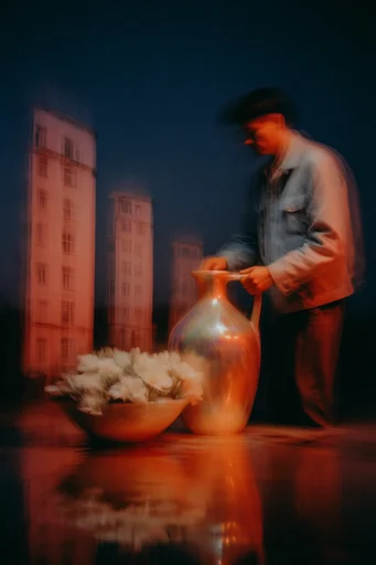 Kinetic Nocturnal Amber style reference image — amber and indigo contrast