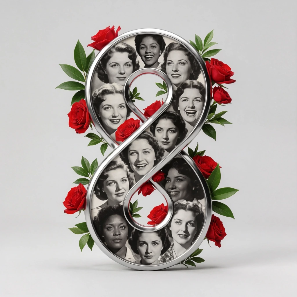 A vertically stacked double-loop structure resembling an upright infinity symbol serves as a three-dimensional metallic silver frame. Inside the dual loops is a dense collage of vintage black-and-white photographic portraits of diverse women showing varying expressions, from joyous laughter to solemn contemplation. Brightly saturated red roses and vibrant green botanical leaves intertwine with the structure, emerging from the edges of the monochrome faces. The striking juxtaposition of classic greyscale portraiture against bold floral elements is centered in a minimalist light gray environment, creating a high-contrast mixed-media aesthetic.