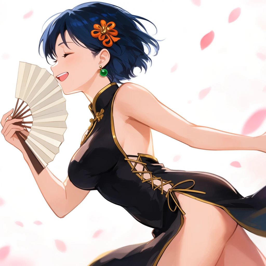 An anime-style illustration of a smiling woman with short dark blue hair wearing a backless black cheongsam with gold trim and side lacing. She leans forward with closed eyes, holding a paper folding fan near her face. She wears an orange hair accessory and a green earring. The bright white background features scattered pink petals, with soft lighting highlighting her dynamic and cheerful posture.