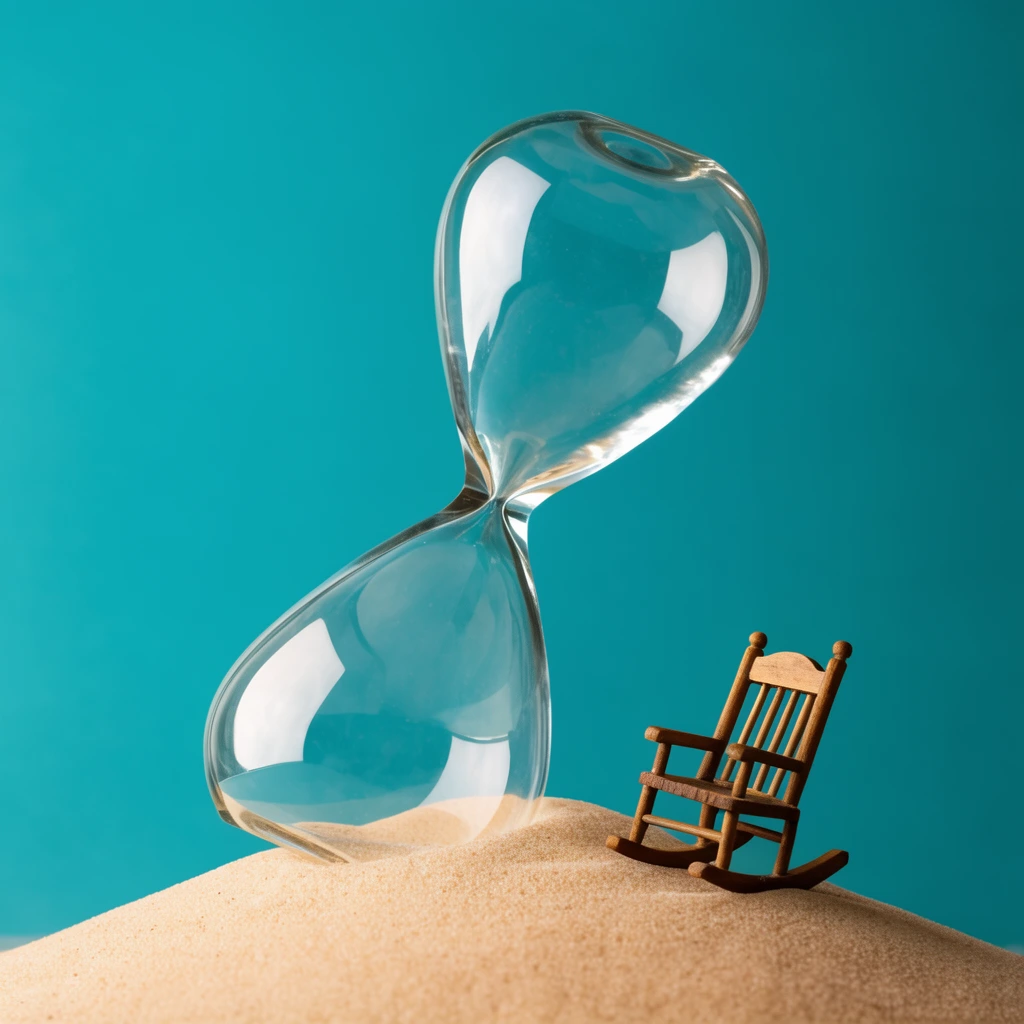 A tilted empty glass hourglass rests on a smooth mound of fine tan sand against a solid vibrant teal background. A miniature wooden rocking chair sits on the sand beside the glass, creating a surreal conceptual still life with soft studio reflections on the transparent curves.