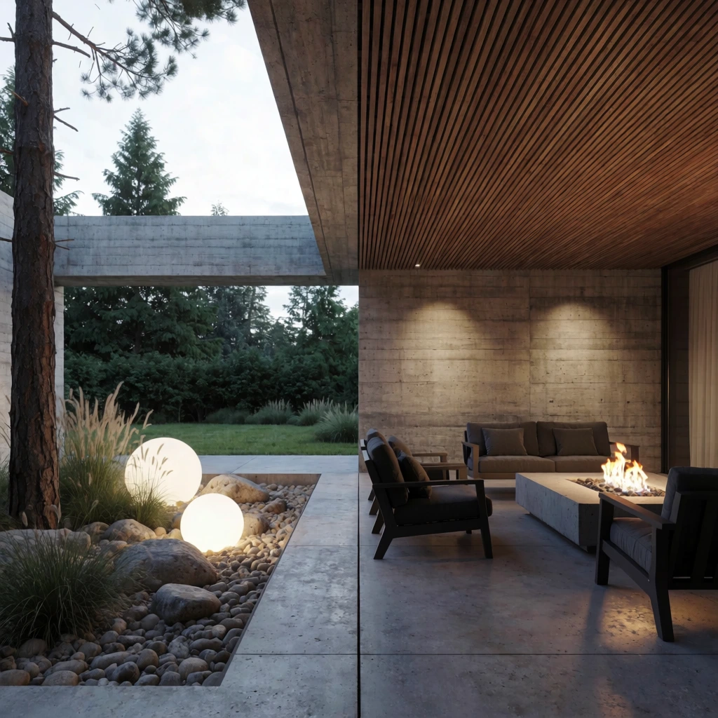 A modern outdoor lounge blends brutalist concrete architecture with natural landscaping. A covered patio on the right features a slatted wooden ceiling sheltering dark armchairs, a sofa with gray cushions, and a low concrete fire pit with active flames. On the left, a rectangular floor cutout contains river rocks, a tree trunk, ornamental grasses, and two glowing spherical lamps. The background displays a lawn bordered by tall coniferous trees under a concrete overhang framing the sky. The lighting mixes warm artificial illumination with cool natural daylight.