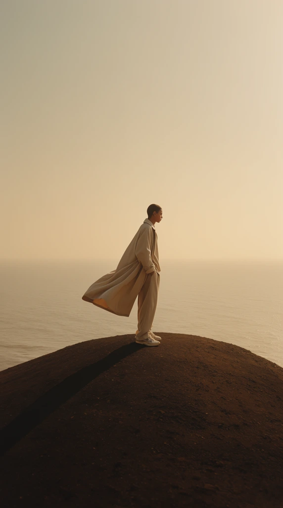 A solitary figure in profile stands atop a dark earth mound against a vast, hazy ocean. Wearing a flowing beige overcoat billowing in the wind, loose trousers, and sneakers, the person casts a long shadow down the left ridge. A minimalist, extreme wide-angle composition emphasizes immense scale and negative space, as a pale golden-sepia sky melts into the calm sea. Soft atmospheric lighting bathes the serene, cinematic scene in a warm, monochromatic glow.