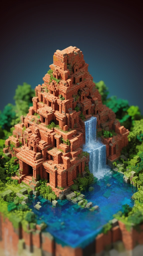Isometric voxel diorama of stepped terracotta temple ruins, cascading waterfall, blue water base, framed by lush green vegetation, dark gradient background, 3D pixel art, tilt-shift miniature