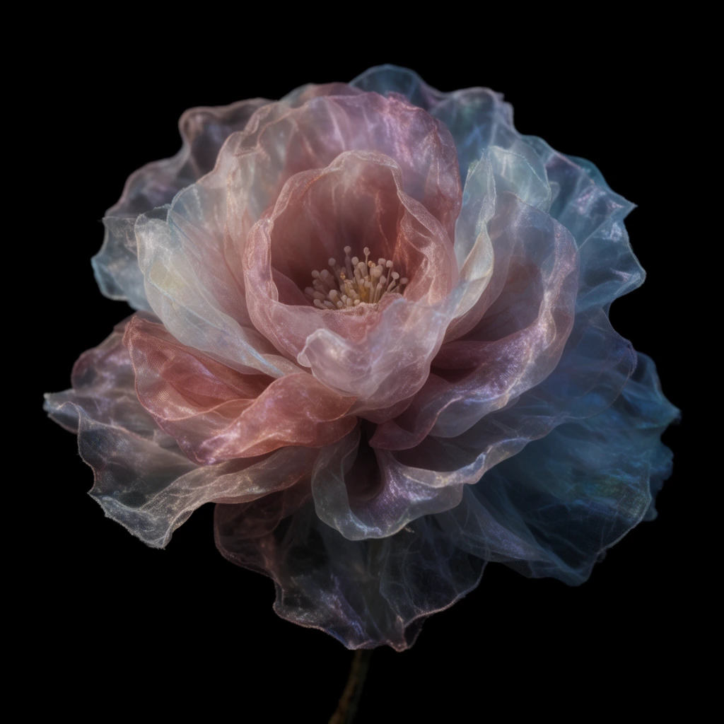 ethereal flower sculpted from sheer crinkled fabric, translucent iridescent petals in dusty rose and pale blue, macro still life, soft chiaroscuro lighting, delicate textures, pure black background