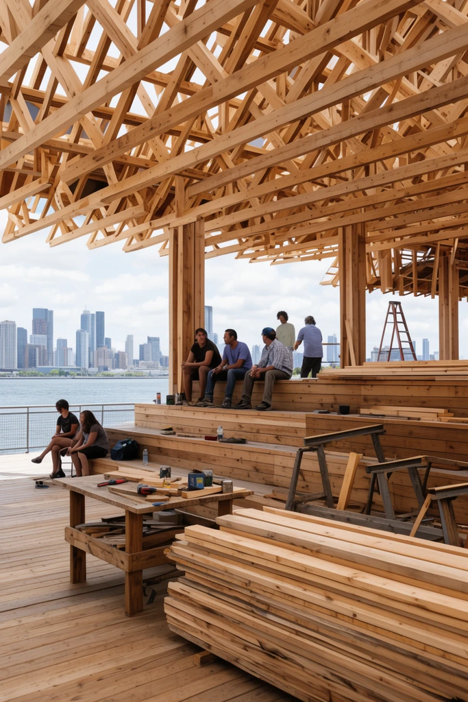 raw timber pavilion under construction, wooden lattice roof, tiered seating with people, stacked lumber, workbench, waterfront deck, city skyline, daylight