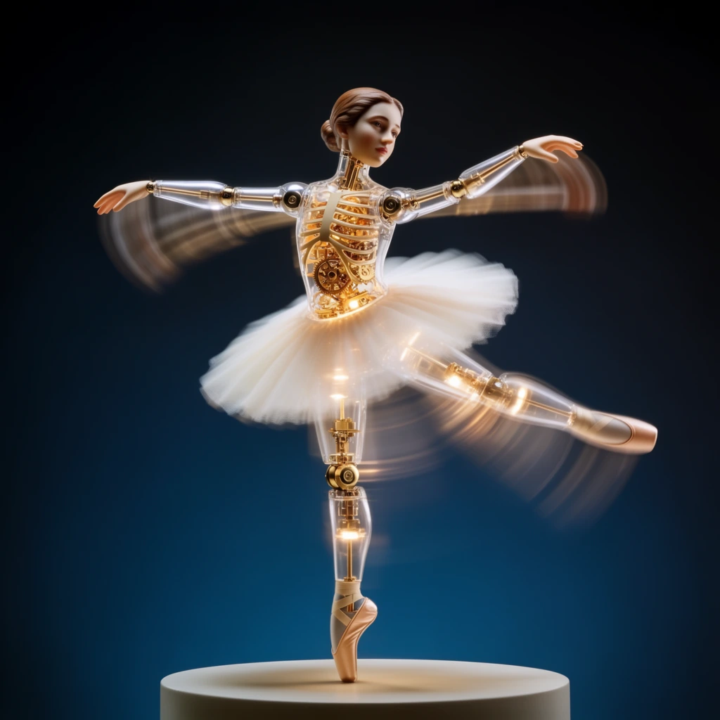 clockwork ballerina figurine gracefully balancing on a white pedestal, translucent torso revealing intricate golden gears within a skeletal ribcage, classic white tutu, dramatic motion blur on extended arms and sweeping leg conveying rapid spinning, sharply focused classical face with a tight hair bun, articulated ball joints, warm internal illumination, dark blue gradient background, cinematic studio lighting, photorealistic long exposure