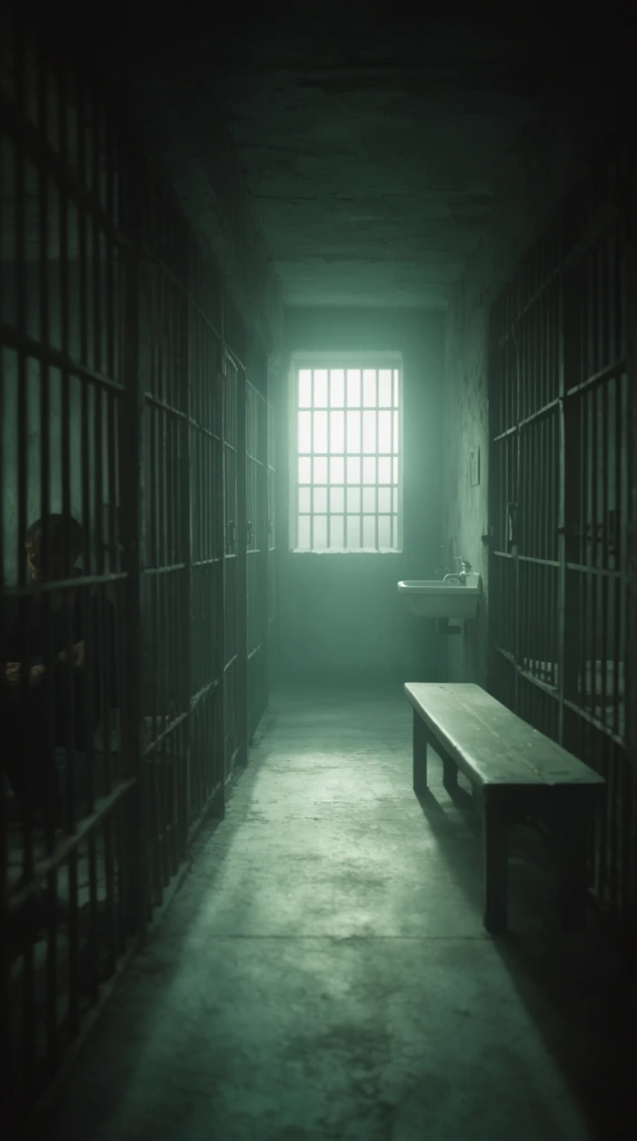 A dimly lit prison corridor stretches toward a bright barred window at the far end, bathed in a hazy, monochromatic teal and green cinematic light. Heavy vertical iron bars form cells lining both sides of the concrete hallway. The strong backlight casts long shadows across the floor. A wooden bench and white sink sit on the right wall, while a shadowy figure sits inside a cell on the left.