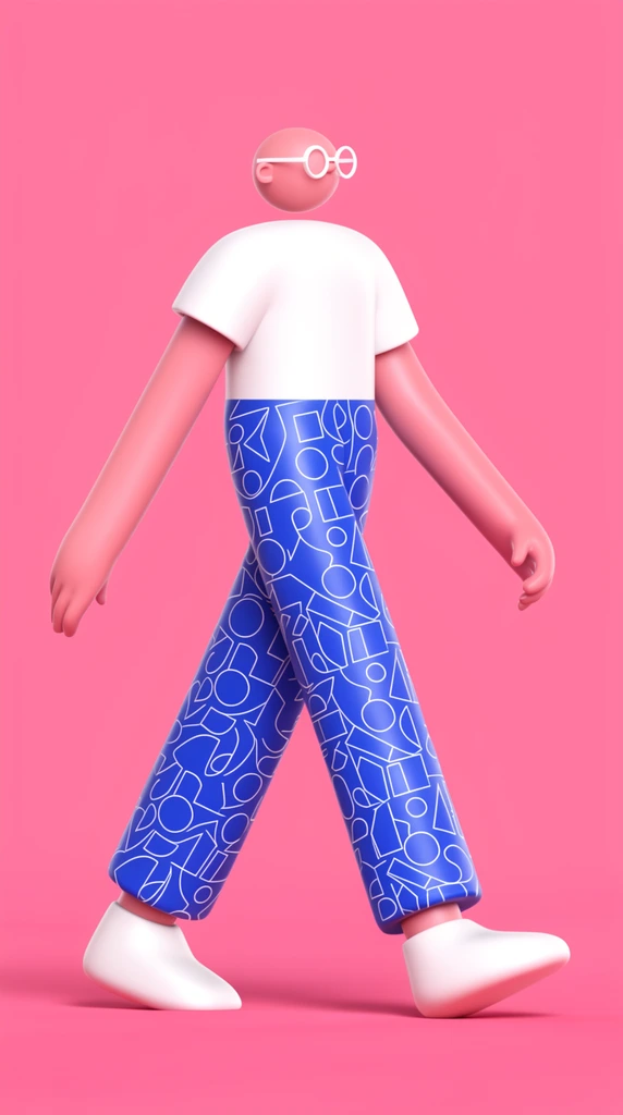 3D stylized humanoid walking, tiny round head, white glasses, white shirt, long pink arms, blue patterned pants, solid pink background, white geometric line art, smooth plastic texture