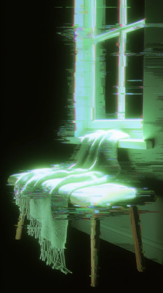 A single fringed blanket draped over a bench with wooden legs positioned below a window against a wall, rendered entirely in a high-contrast, corrupted digital glitch art aesthetic. The entire composition emerges from a pure black void, constructed from intensely glowing, overexposed neon green luminance with sharp cyan highlights. Severe horizontal tracking distortions, analog VHS static, and pixel-sorted datamoshing violently stretch the draped folds of the blanket, its hanging fringes, and the vertical lines of the wooden legs into jagged, smeared horizontal streaks. Thick CRT monitor scanlines and corrupted digital signal banding slice across the scene. The geometric window frame and the solid wall behind the bench are defined solely by these fractured, luminescent green digital artifacts, with distinct magenta and red chromatic aberration bleeding along the high-contrast edges of the window panes and the blanket's silhouette. A heavy, glowing bloom effect radiates from the brightest neon green areas, enveloping the furniture and architectural elements within a dense, horizontally fractured matrix of corrupted digital interference.