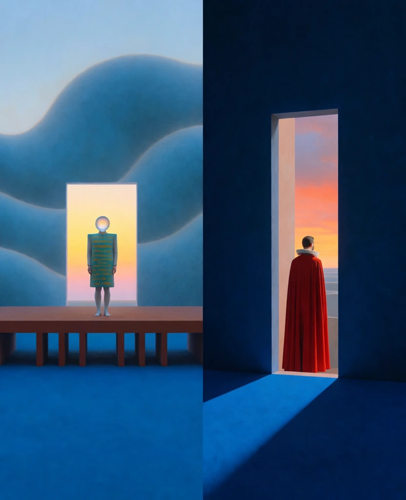 A two-panel surrealist composition features solitary figures standing within rectangular portals against vast, abstract landscapes. On the left side, a figure stands on a brown platform elevated by vertical pillars over a solid blue surface. The figure possesses a transparent, spherical head and a rectangular torso clad in a teal tunic with horizontal yellow patterns. Directly behind the figure is a bright rectangular opening displaying a sunset gradient of yellow and light pink. The surrounding background consists of large, soft, blue undulating shapes that resemble stylized waves or a cloudy sky. The right panel displays a dark, solid navy blue expanse containing a tall, narrow vertical opening. A figure viewed from behind stands within this doorway, wearing a long, floor-length red cape and a white ruff collar. This opening reveals a sunset sky with shades of orange and pink behind a light-colored architectural element. A sharp blue triangular shape extends from the base of the doorway into the immediate foreground. Both panels employ a minimalist, surrealist style with smooth digital rendering and soft lighting originating from the distant sunsets. The overall color palette is dominated by deep blues, vibrant reds, and warm sunset tones, creating a dreamlike and contemplative atmosphere.