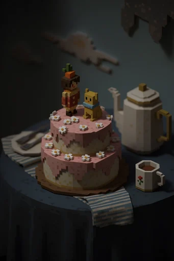 Isometric Voxel Narratives style reference image — solid dark background