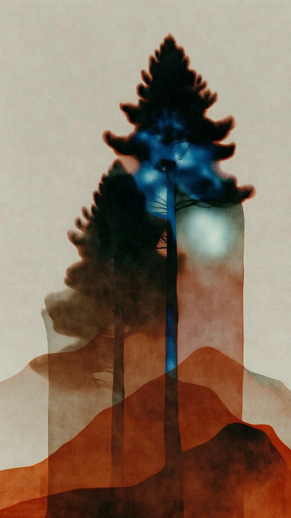 minimalist vertical composition of two tall pine trees positioned centrally in front of undulating mountain ridges, deep metallic electric blue highlights on the foliage, heavy grainy texture with a stippled painterly finish, translucent overlapping layers of burnt orange and terracotta, high contrast chiaroscuro lighting, ethereal glow effect, vintage analog film grain, muted beige backdrop, avant-garde surrealist aesthetic, sophisticated graphic design sensibility.