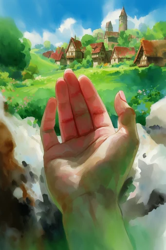 Luminous Pastoral Fantasy style reference image — fluffy cumulus clouds