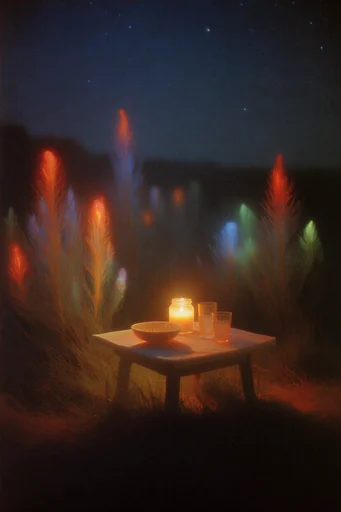 Luminous Nocturnal Chiaroscuro style reference image — dramatic amber light leak