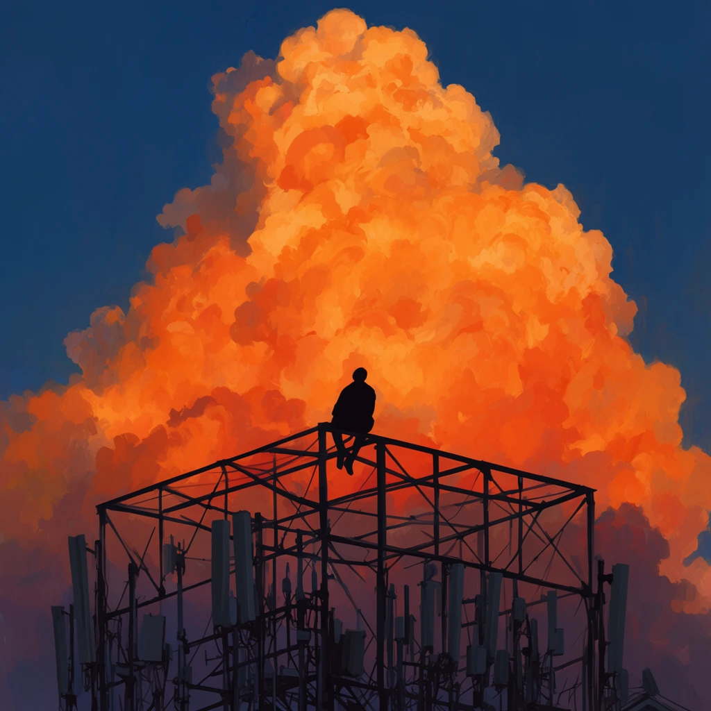 massive luminous orange cumulonimbus cloud at sunset, deep blue sky, silhouetted figure sitting on a skeletal metal rooftop frame, dense antennas below, painterly digital art