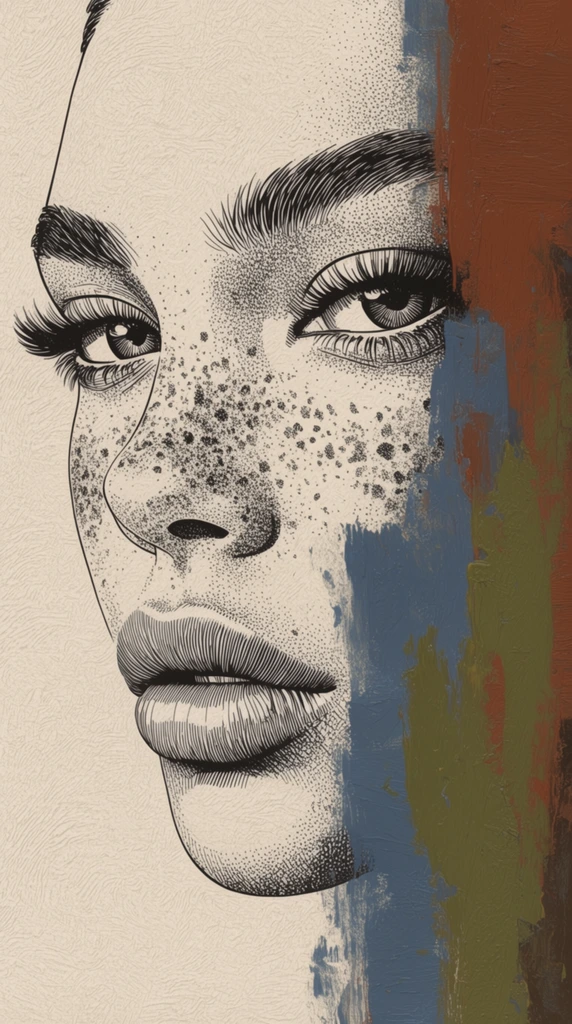 Close-up portrait of a woman's face rendered in high-contrast black engraving and stippling techniques against a textured cream background. Her intense gaze, thick eyelashes, and full, hatched lips are defined by precise, varying line weights. Dense stippling creates prominent freckles across her nose and cheeks. The meticulous line art is sharply juxtaposed on the right side by thick, vertical swaths of impasto paint in rust brown, slate blue, and olive green that partially obscure her features. The entire composition is unified by a heavy, swirling surface texture resembling thick acrylic medium or coarse canvas, blending precise graphic illustration with raw abstract painterly elements.