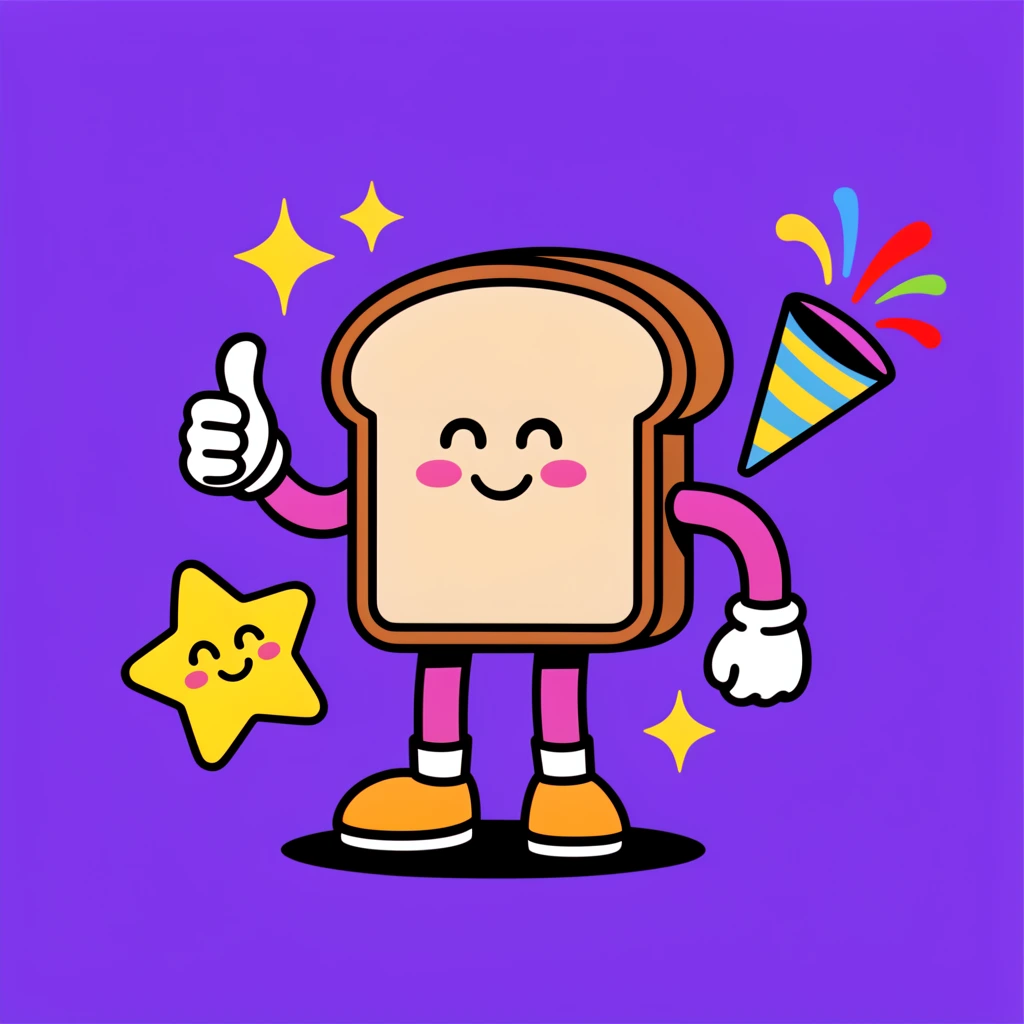 Rubber-hose vector illustration, smiling bread slice character giving thumbs up, happy yellow star, party popper, yellow sparkles, bold outlines, purple background