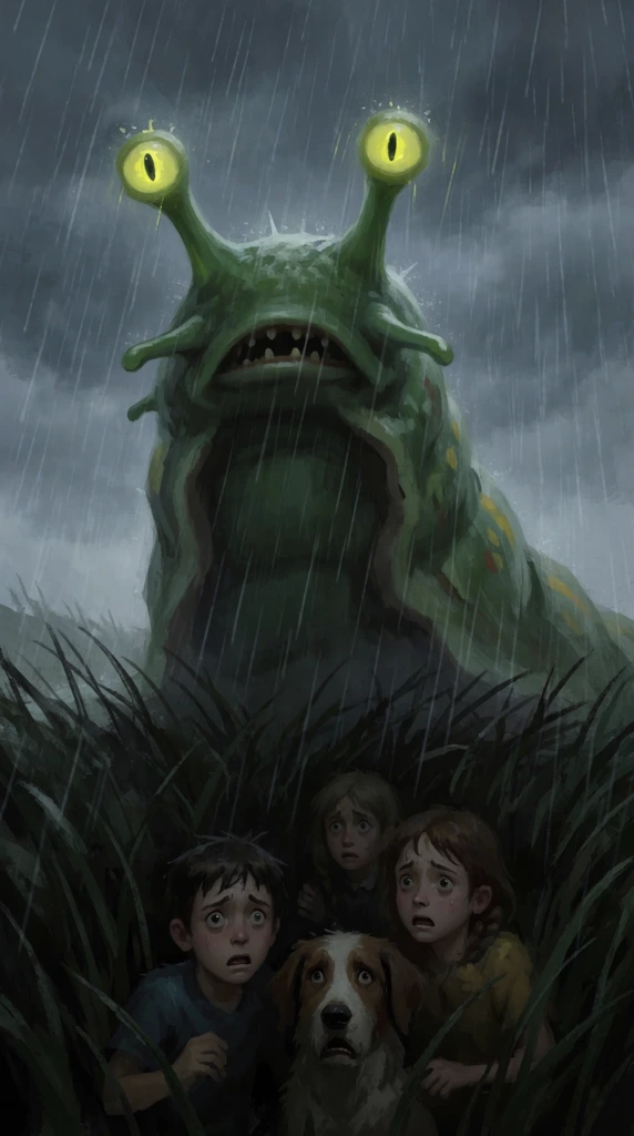 giant green slug monster with glowing yellow eye-stalks, heavy rain, frightened children and a dog hiding in dark foreground grass, stormy overcast sky, bleak atmospheric digital painting