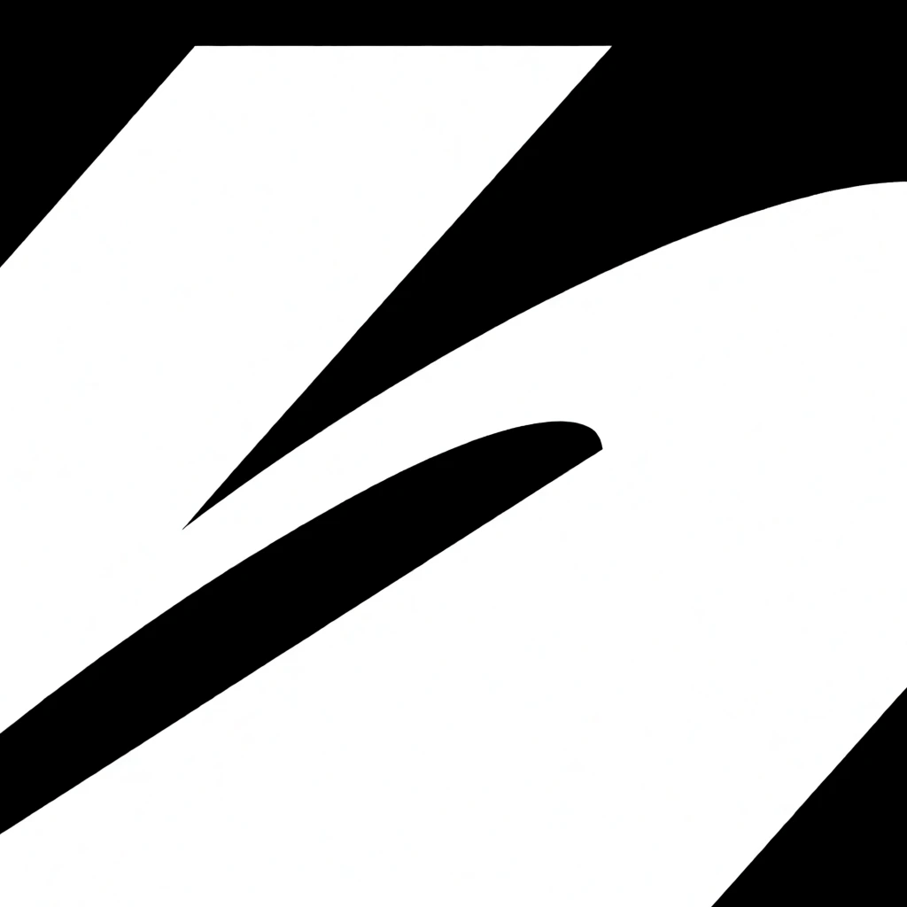 bold abstract geometric composition, pure black background, stark white asymmetrical shapes, thick upper left angled block, sweeping diagonal white band bisected by a central sharp black negative space gap, broad lower right white geometric plane, hard-edge minimalism, flat graphic style, extreme high contrast, sharp dynamic angles
