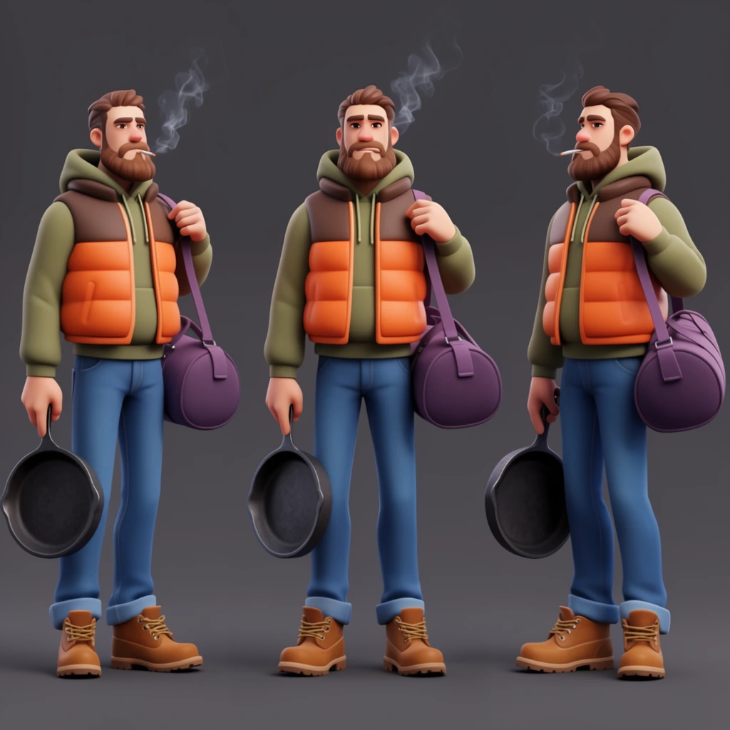 3D stylized character turnaround of a bearded man in three views, orange and brown puffer vest, olive green hoodie, blue jeans, brown work boots, purple duffel bag over shoulder, holding a cast iron frying pan, smoking a cigarette, smooth cartoon realism, solid dark gray background, soft studio lighting
