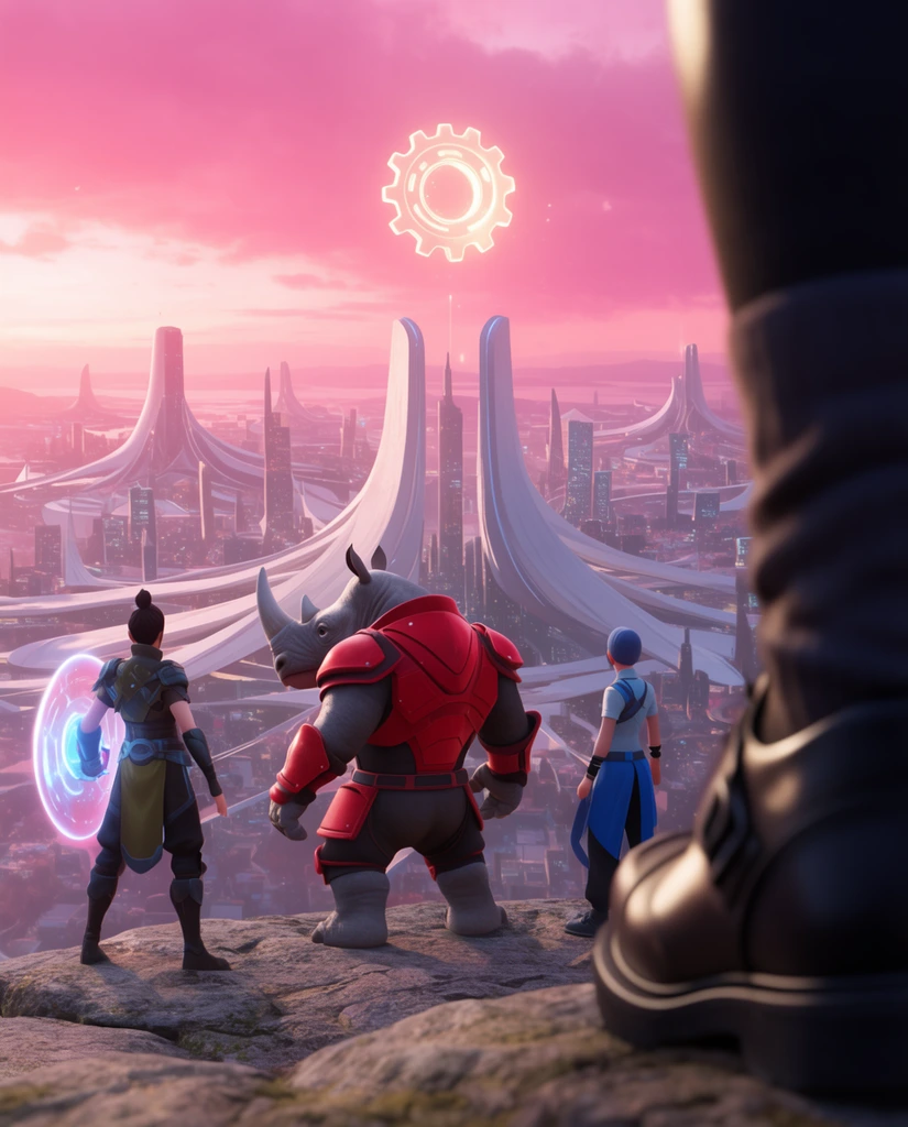 Figures on a rocky cliff overlook a futuristic city under a pink sky. A central anthropomorphic rhinoceros in red armor faces the metropolis, flanked by a warrior with an energy buckler and a companion in blue. A massive black shoe blurs the right foreground. Above the sweeping white architecture, a glowing gear hovers in the magenta sunset. The 3D render features cinematic lighting and shallow depth of field.