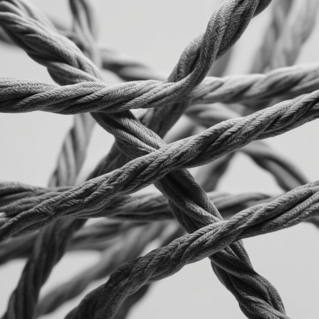 A macro grayscale photograph of thick, braided cords crisscrossing in a tangled web against a pale background. The monochromatic composition highlights the intricate woven texture and ribbed surface of each twisted fiber. Intersecting diagonally, the strands create a sculptural network of dynamic lines. A shallow depth of field keeps foreground threads in sharp focus while background cords softly blur into a seamless light gray backdrop. Smooth lighting accentuates their cylindrical volume, casting deep shadows in the crevices and bright highlights along the woven peaks.