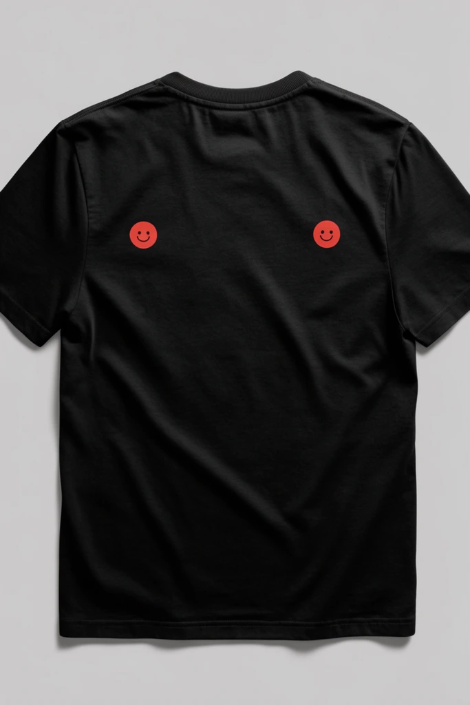 back of a black short-sleeved t-shirt, top-down flat lay product photography, resting on a solid light grey surface, subtle organic folds and soft creases across the fabric creating gentle highlights, ribbed crew neck collar, two tiny minimalist red circular smiley face graphics on the upper back, clean studio lighting, crisp textile details, soft drop shadow