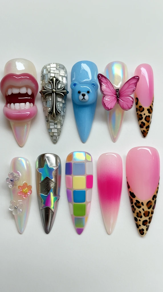 Ten maximally decorated stiletto nails on a white surface showcase glossy 3D textures. Intricate designs feature a sculpted mouth with teeth, a metallic cross on silver mosaic, a raised blue bear face, and a protruding pink butterfly. Other tips display pearlescent bases with floral charms, metallic silver with iridescent stars, colorful blank square tiles, and pink gradients with cheetah print tips under bright flat lighting.