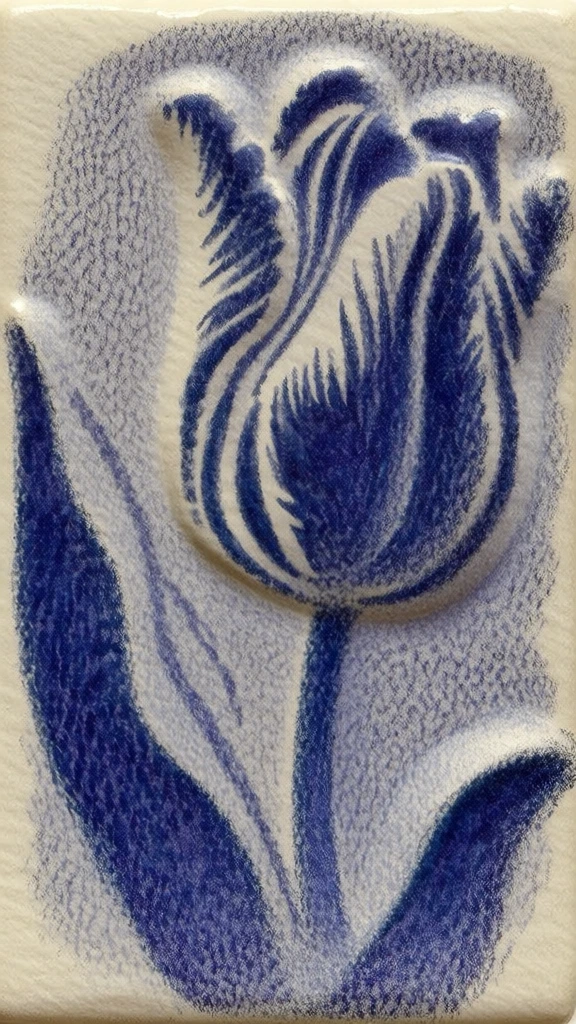 ceramic tile featuring a relief pattern of a stylized tulip, rendered in a grainy stippled aesthetic with deep indigo blue pigment on a textured cream base, visible toothy paper-like surface, soft lithographic pencil strokes, organic flowing lines defining the floral form in relief, tactile material quality, high contrast between dense blue shading and warm off-white highlights, atmospheric pointillist details, elegant fluid composition, monochromatic and minimalist.